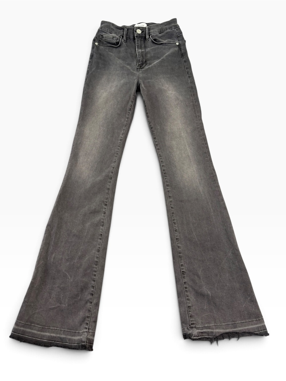 FRAME Le Super High Mini Boot Jeans 26 Tundra Gray High Rise Flare Raw Hem